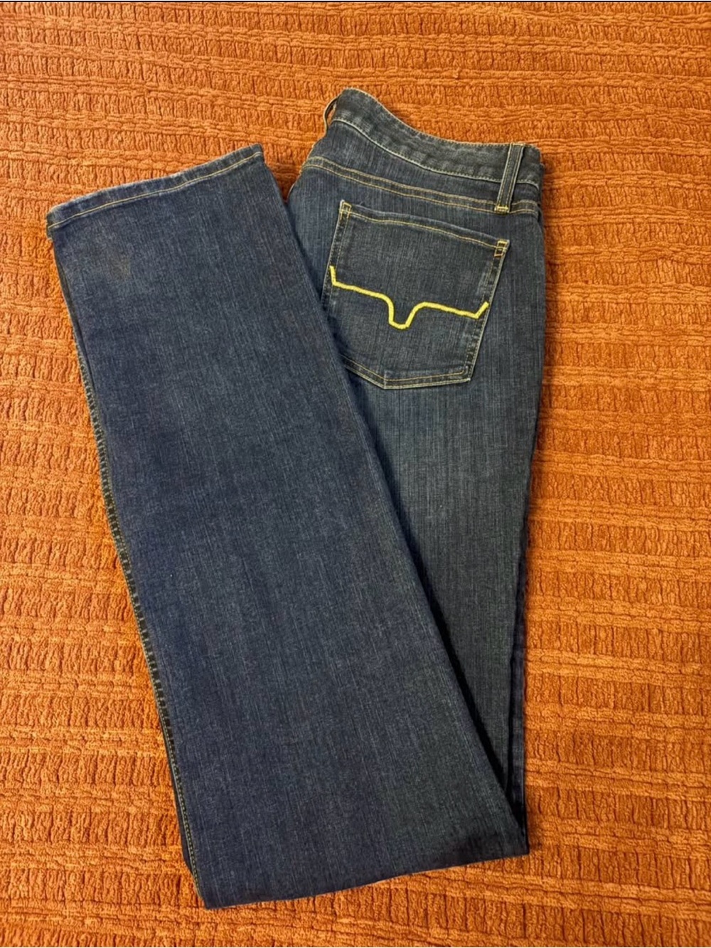 Kimes Ranch Dark Blue Boot-Cut Jeans with Yellow Pocket Stitch